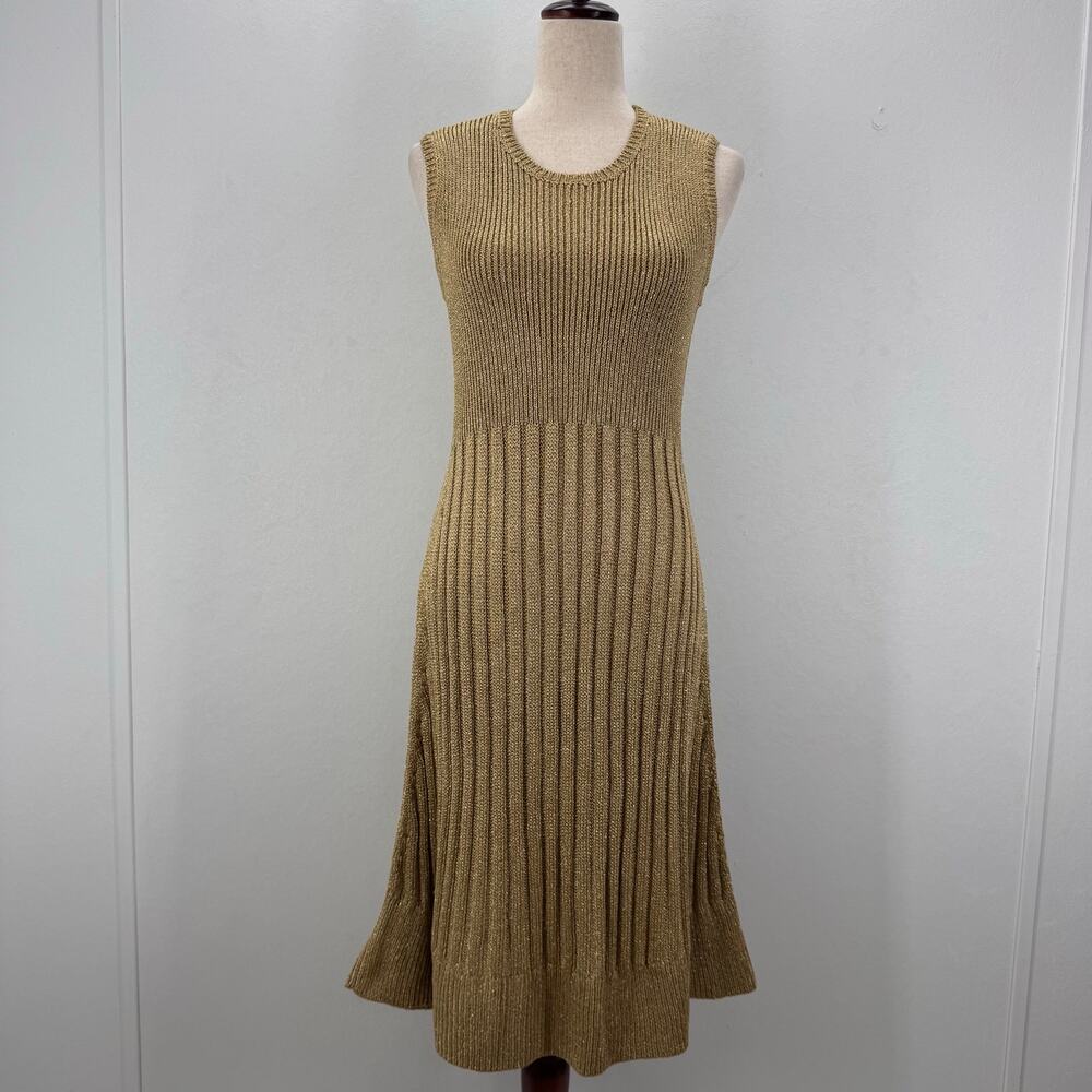 NWT Hanley Mellon Ribbed Knit Shimmer Gold Dress sz M Wedding Guest Minimalist